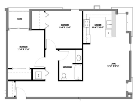 Floor plan for 2 beds, 1 bath, 895 sqft
